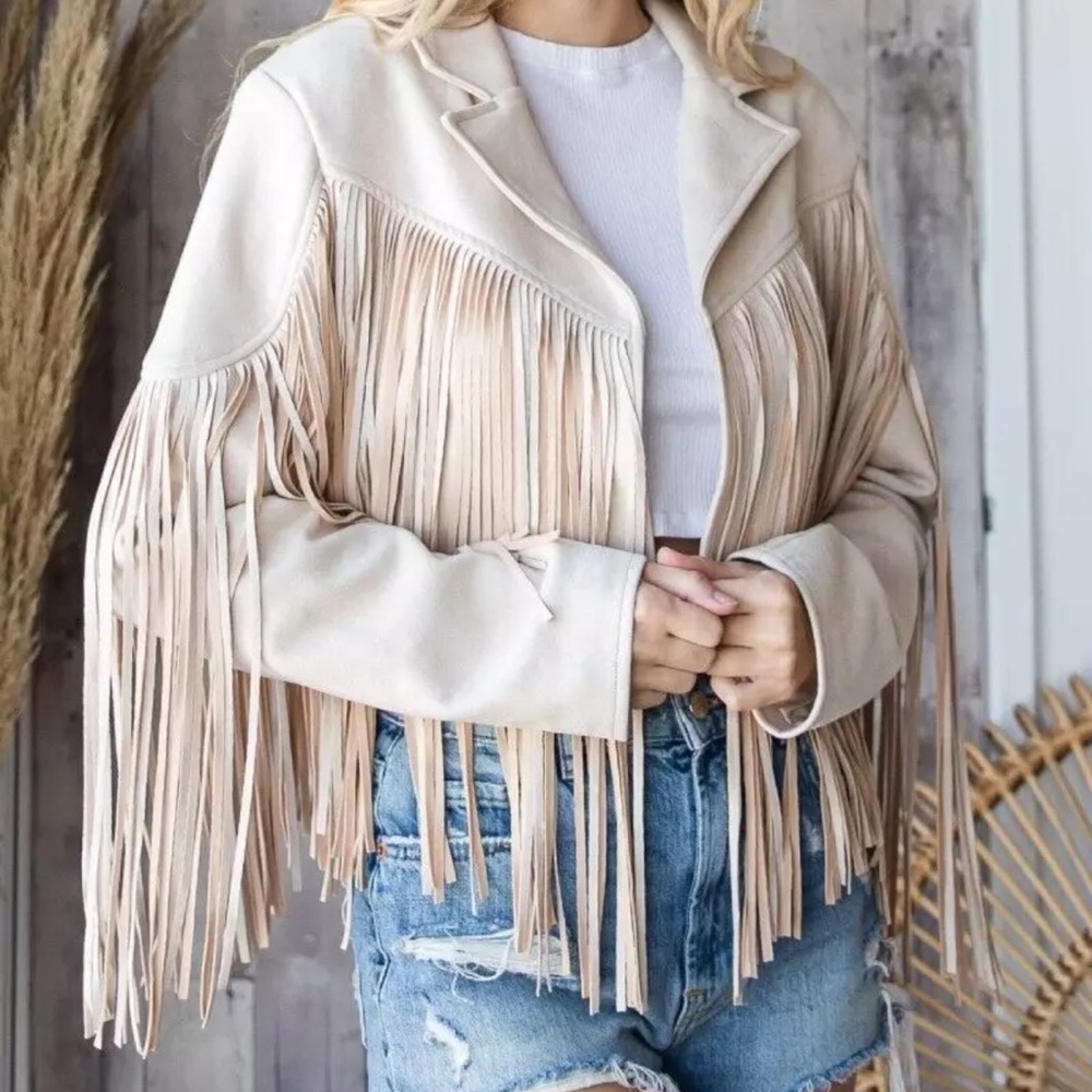 Fringed Suede Leather Jacket - Cream